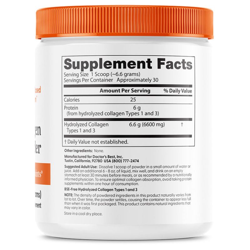 Doctor's Best Pure Collagen Types 1 and 3 Powder (200 gram) Label
